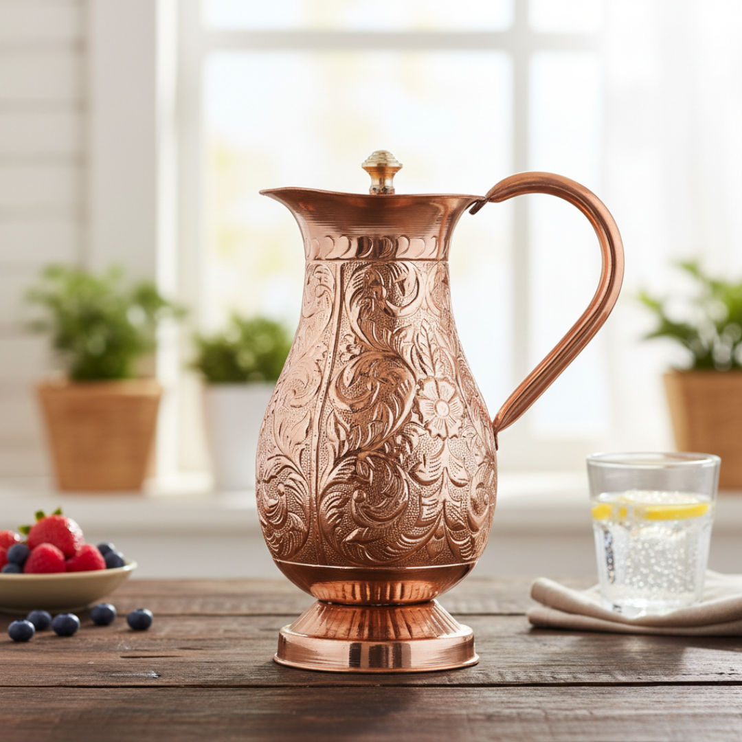 Pure copper antique hammered design mughlai jug with lid embossed, 1500 ML